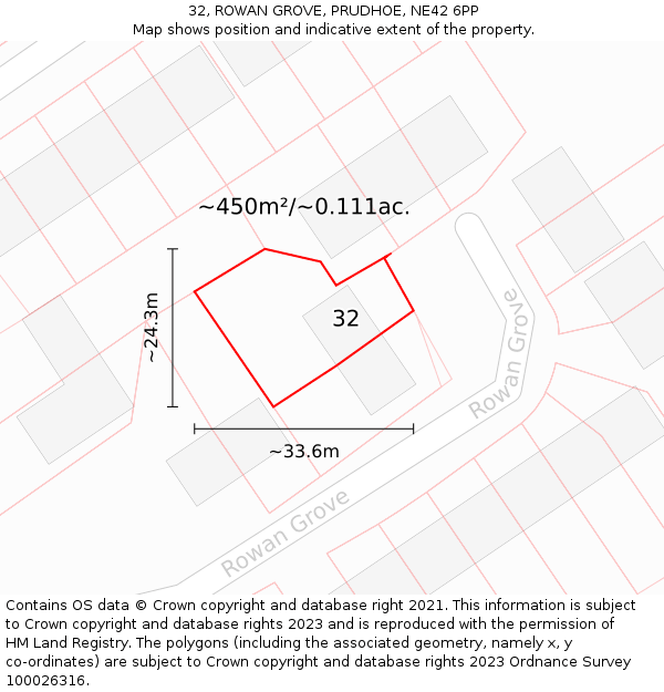 32, ROWAN GROVE, PRUDHOE, NE42 6PP: Plot and title map