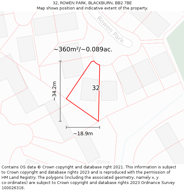 32, ROWEN PARK, BLACKBURN, BB2 7BE: Plot and title map