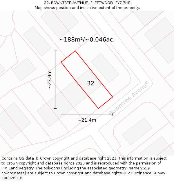 32, ROWNTREE AVENUE, FLEETWOOD, FY7 7HE: Plot and title map