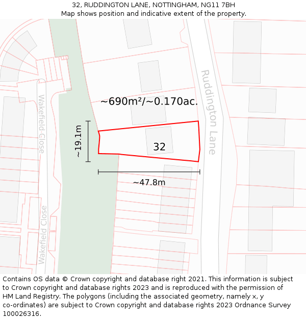 32, RUDDINGTON LANE, NOTTINGHAM, NG11 7BH: Plot and title map