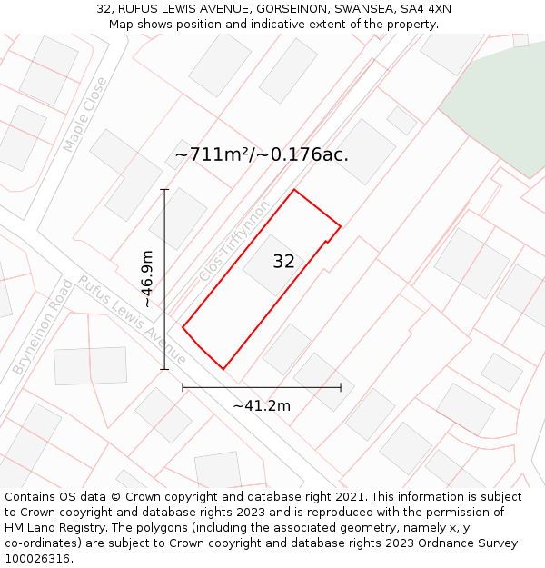 32, RUFUS LEWIS AVENUE, GORSEINON, SWANSEA, SA4 4XN: Plot and title map