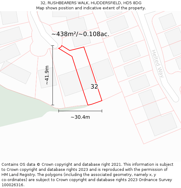 32, RUSHBEARERS WALK, HUDDERSFIELD, HD5 8DG: Plot and title map