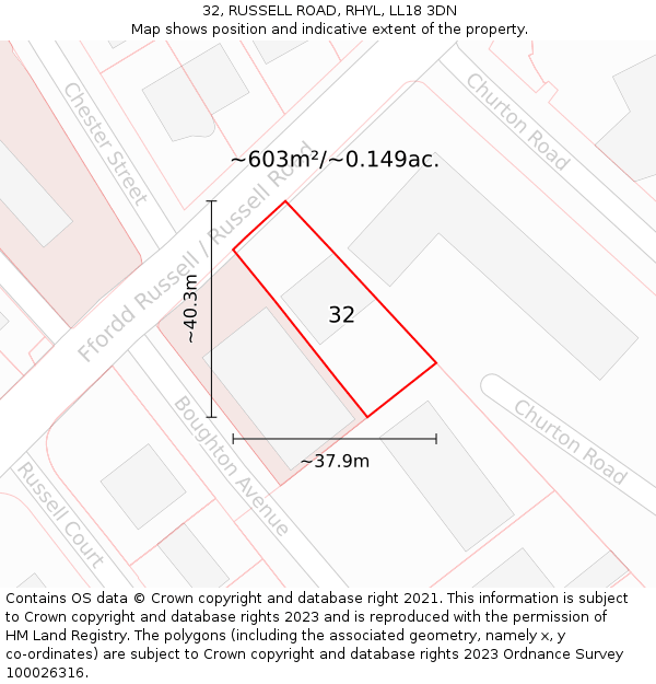 32, RUSSELL ROAD, RHYL, LL18 3DN: Plot and title map