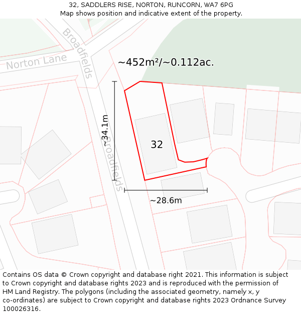 32, SADDLERS RISE, NORTON, RUNCORN, WA7 6PG: Plot and title map