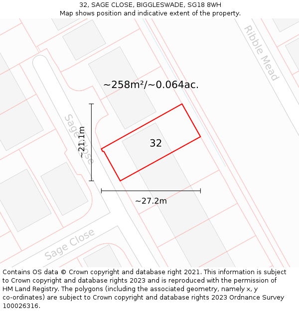 32, SAGE CLOSE, BIGGLESWADE, SG18 8WH: Plot and title map