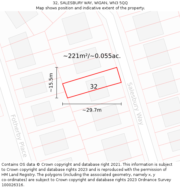 32, SALESBURY WAY, WIGAN, WN3 5QQ: Plot and title map