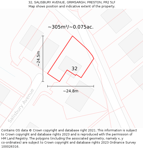 32, SALISBURY AVENUE, GRIMSARGH, PRESTON, PR2 5LF: Plot and title map