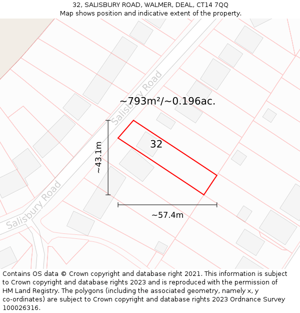 32, SALISBURY ROAD, WALMER, DEAL, CT14 7QQ: Plot and title map