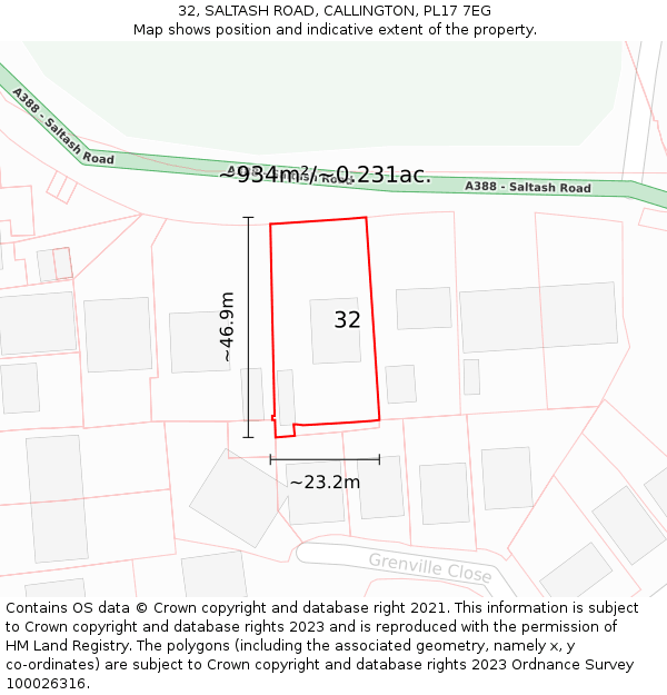 32, SALTASH ROAD, CALLINGTON, PL17 7EG: Plot and title map