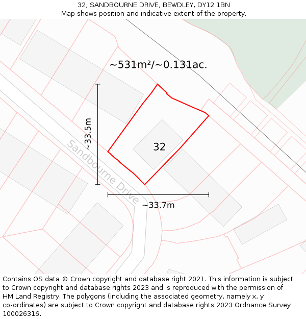 32, SANDBOURNE DRIVE, BEWDLEY, DY12 1BN: Plot and title map