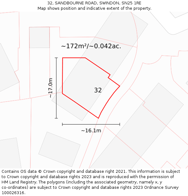 32, SANDBOURNE ROAD, SWINDON, SN25 1RE: Plot and title map