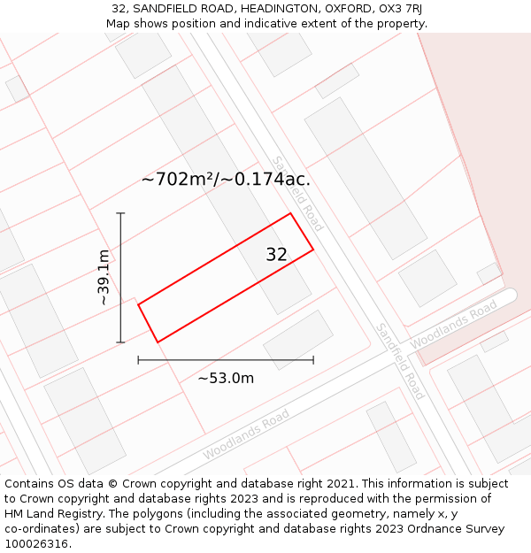 32, SANDFIELD ROAD, HEADINGTON, OXFORD, OX3 7RJ: Plot and title map