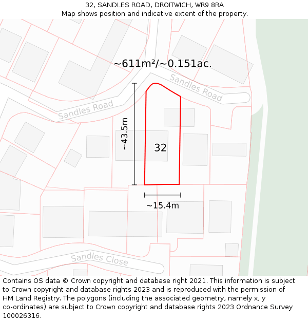 32, SANDLES ROAD, DROITWICH, WR9 8RA: Plot and title map