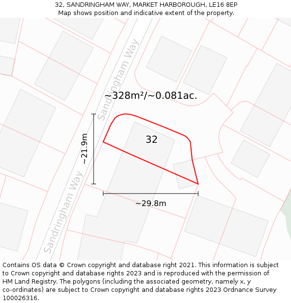 32, SANDRINGHAM WAY, MARKET HARBOROUGH, LE16 8EP: Plot and title map