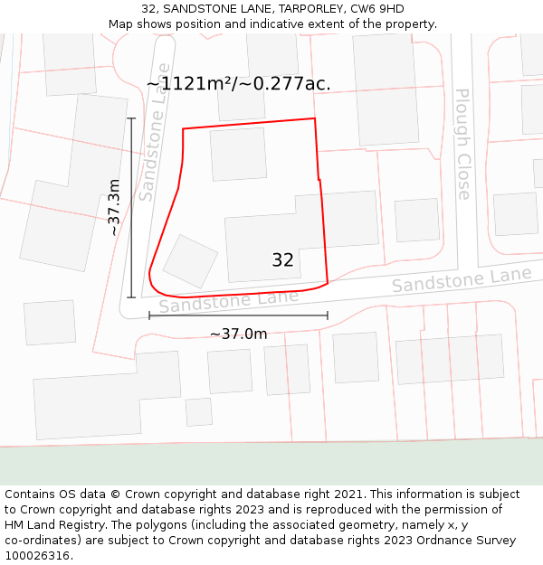 32, SANDSTONE LANE, TARPORLEY, CW6 9HD: Plot and title map