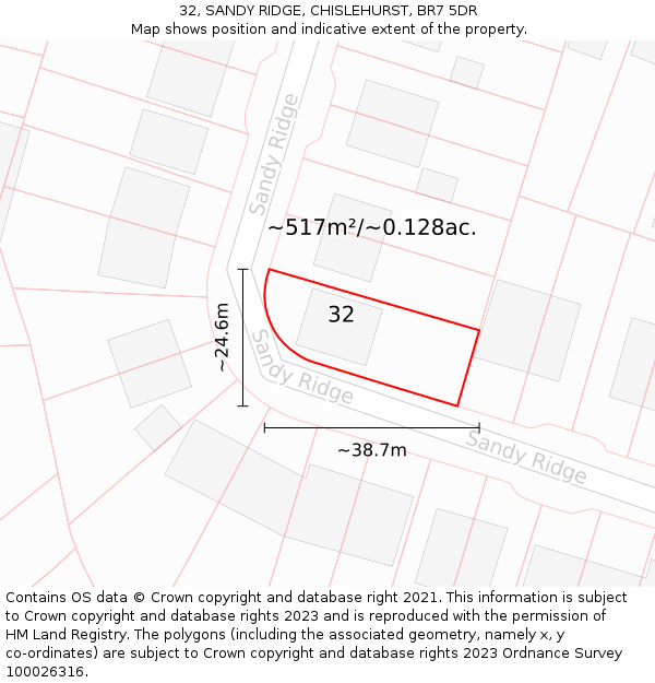 32, SANDY RIDGE, CHISLEHURST, BR7 5DR: Plot and title map