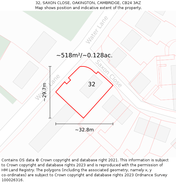 32, SAXON CLOSE, OAKINGTON, CAMBRIDGE, CB24 3AZ: Plot and title map