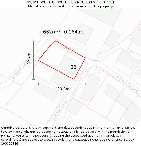 32, SCHOOL LANE, SOUTH CROXTON, LEICESTER, LE7 3RT: Plot and title map