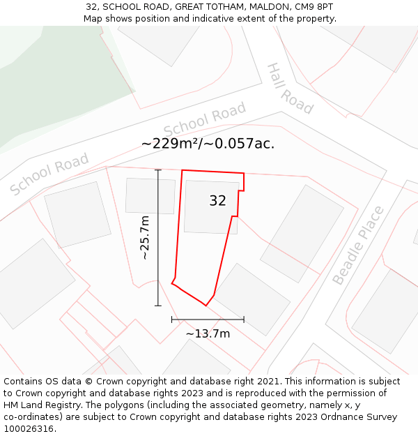 32, SCHOOL ROAD, GREAT TOTHAM, MALDON, CM9 8PT: Plot and title map