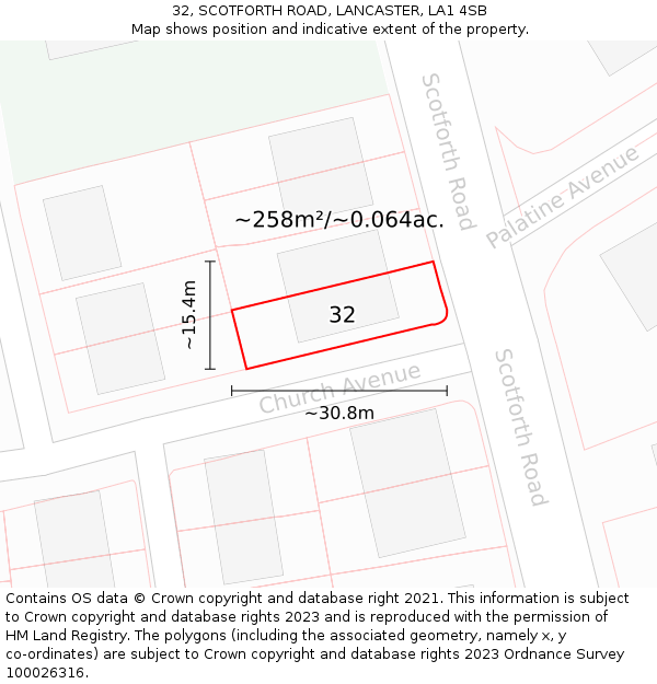 32, SCOTFORTH ROAD, LANCASTER, LA1 4SB: Plot and title map