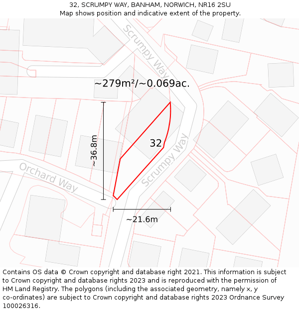 32, SCRUMPY WAY, BANHAM, NORWICH, NR16 2SU: Plot and title map