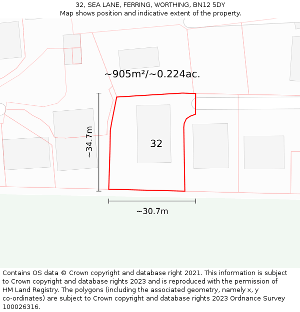 32, SEA LANE, FERRING, WORTHING, BN12 5DY: Plot and title map