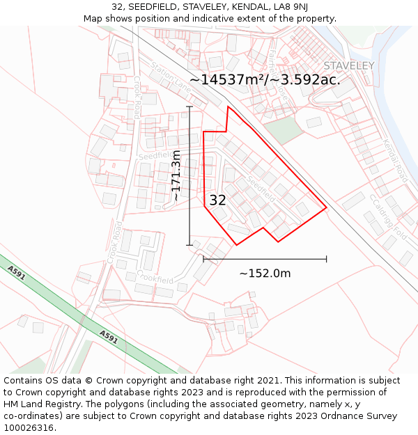 32, SEEDFIELD, STAVELEY, KENDAL, LA8 9NJ: Plot and title map