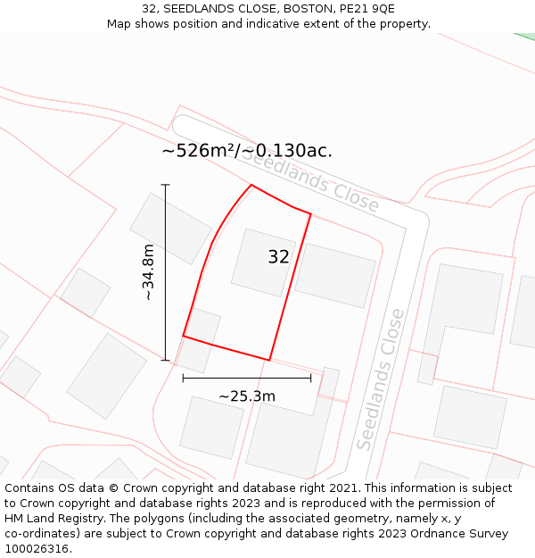 32, SEEDLANDS CLOSE, BOSTON, PE21 9QE: Plot and title map