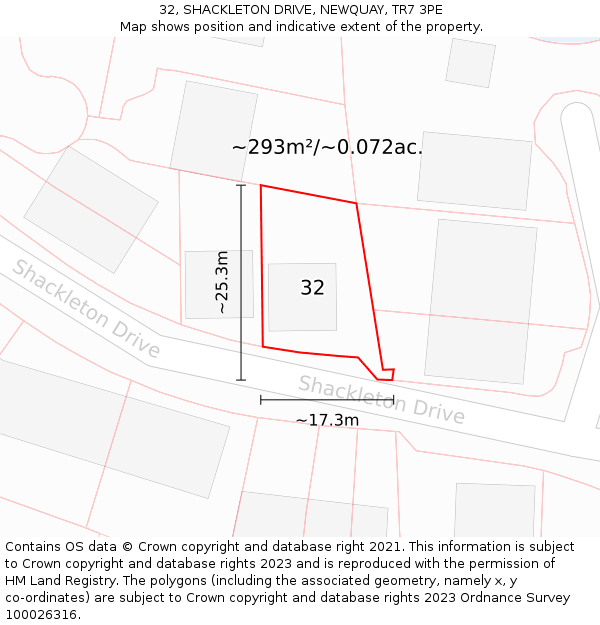 32, SHACKLETON DRIVE, NEWQUAY, TR7 3PE: Plot and title map