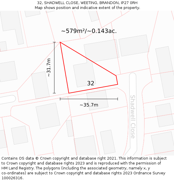32, SHADWELL CLOSE, WEETING, BRANDON, IP27 0RH: Plot and title map