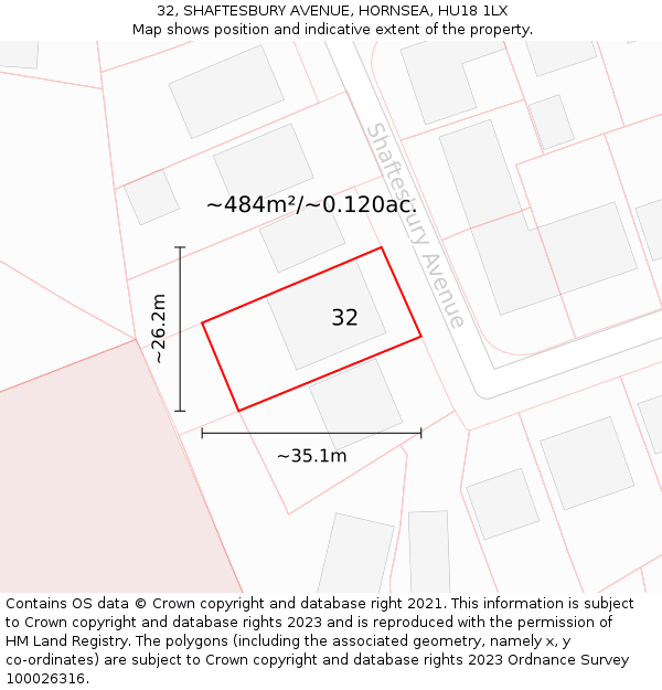 32, SHAFTESBURY AVENUE, HORNSEA, HU18 1LX: Plot and title map