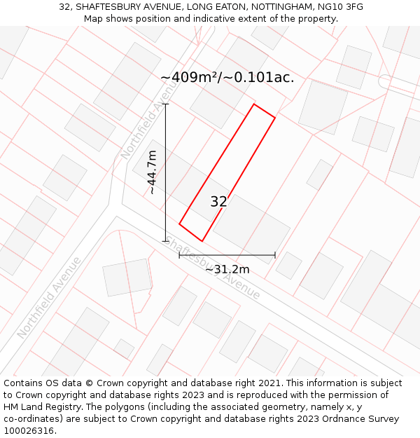 32, SHAFTESBURY AVENUE, LONG EATON, NOTTINGHAM, NG10 3FG: Plot and title map