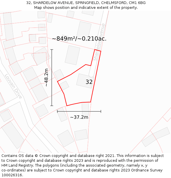 32, SHARDELOW AVENUE, SPRINGFIELD, CHELMSFORD, CM1 6BG: Plot and title map