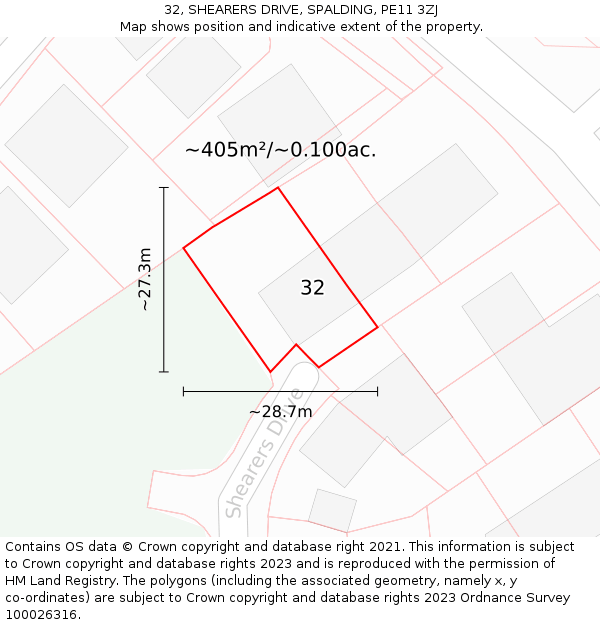 32, SHEARERS DRIVE, SPALDING, PE11 3ZJ: Plot and title map