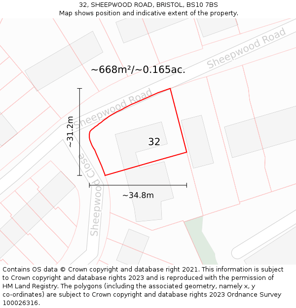 32, SHEEPWOOD ROAD, BRISTOL, BS10 7BS: Plot and title map