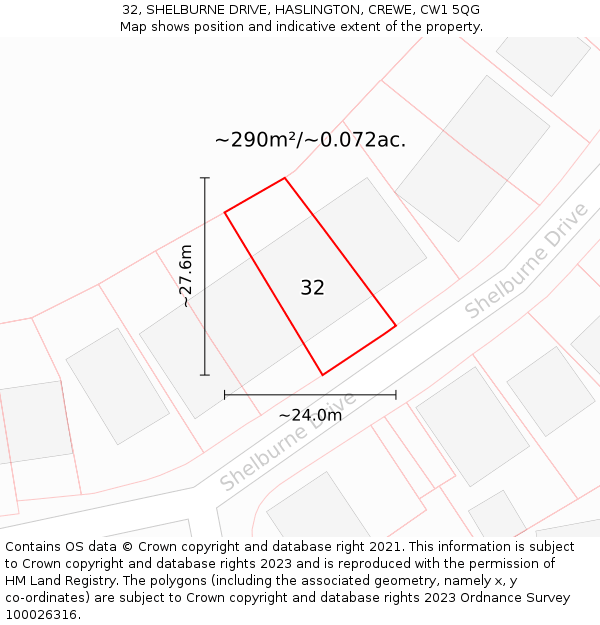 32, SHELBURNE DRIVE, HASLINGTON, CREWE, CW1 5QG: Plot and title map