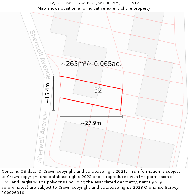 32, SHERWELL AVENUE, WREXHAM, LL13 9TZ: Plot and title map