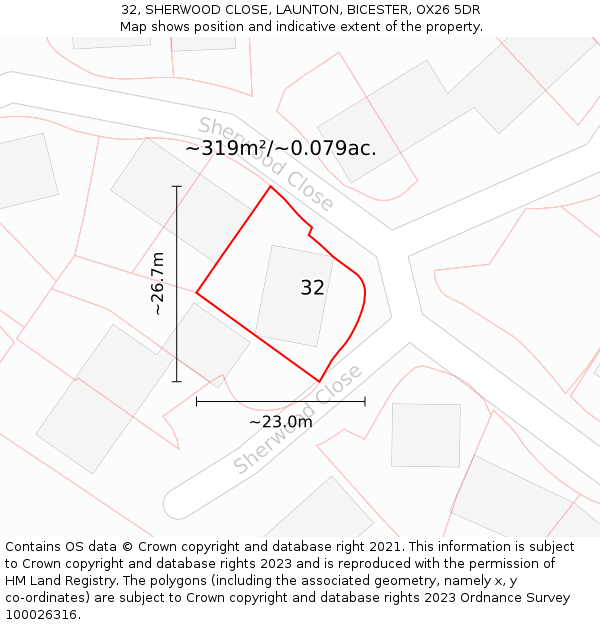 32, SHERWOOD CLOSE, LAUNTON, BICESTER, OX26 5DR: Plot and title map