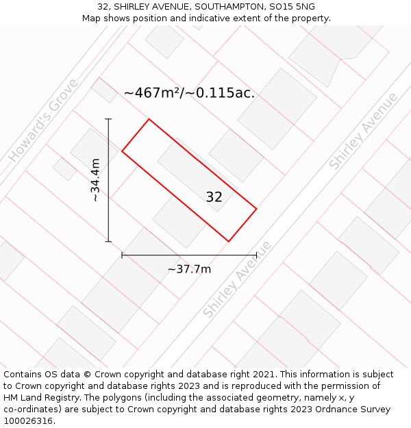 32, SHIRLEY AVENUE, SOUTHAMPTON, SO15 5NG: Plot and title map