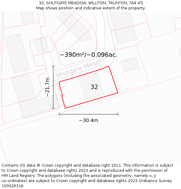 32, SHUTGATE MEADOW, WILLITON, TAUNTON, TA4 4TJ: Plot and title map