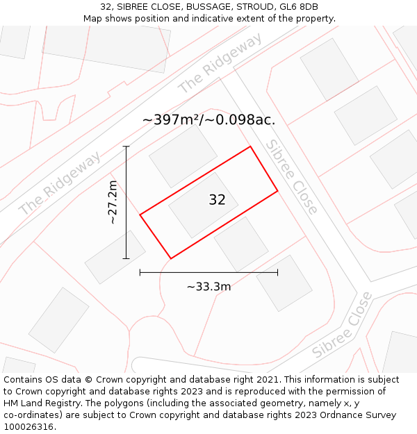 32, SIBREE CLOSE, BUSSAGE, STROUD, GL6 8DB: Plot and title map