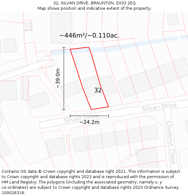 32, SILVAN DRIVE, BRAUNTON, EX33 2EQ: Plot and title map