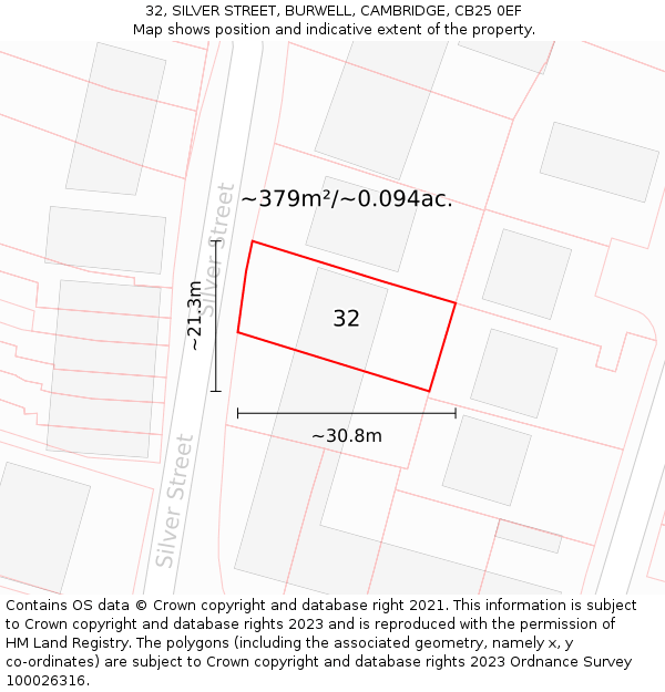 32, SILVER STREET, BURWELL, CAMBRIDGE, CB25 0EF: Plot and title map