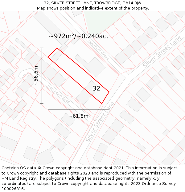 32, SILVER STREET LANE, TROWBRIDGE, BA14 0JW: Plot and title map