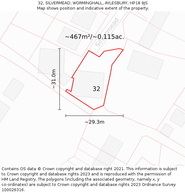 32, SILVERMEAD, WORMINGHALL, AYLESBURY, HP18 9JS: Plot and title map