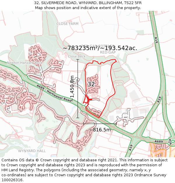 32, SILVERMEDE ROAD, WYNYARD, BILLINGHAM, TS22 5FR: Plot and title map