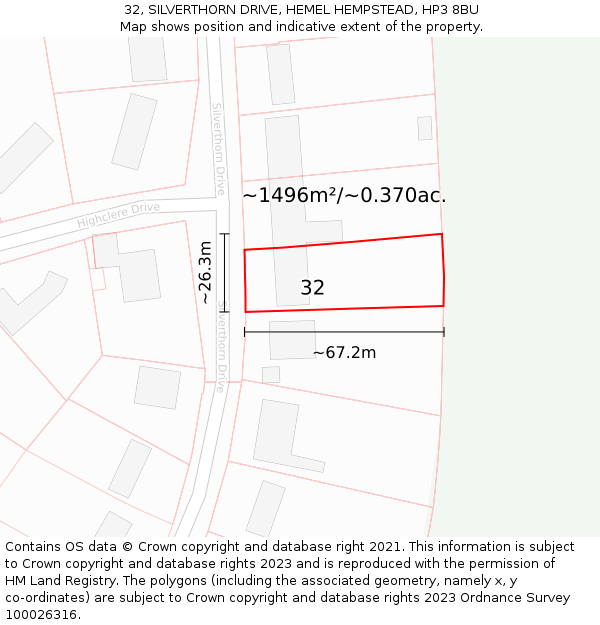 32, SILVERTHORN DRIVE, HEMEL HEMPSTEAD, HP3 8BU: Plot and title map