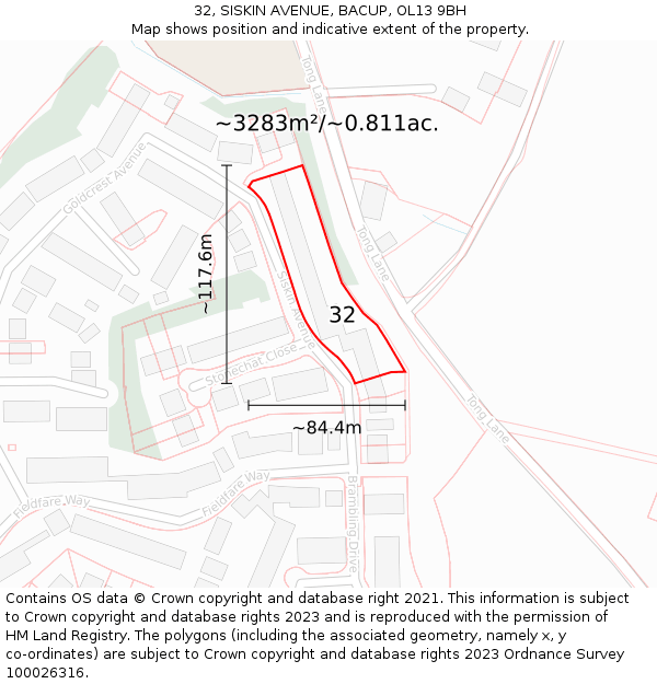 32, SISKIN AVENUE, BACUP, OL13 9BH: Plot and title map