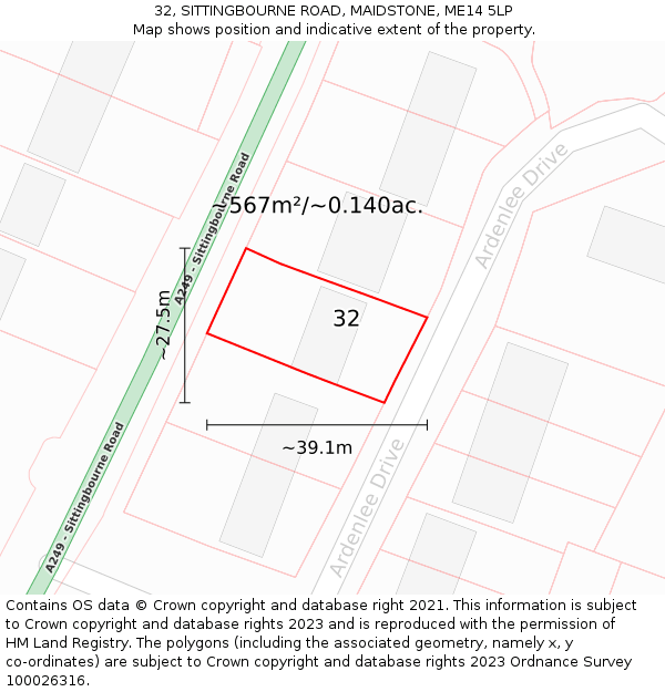 32, SITTINGBOURNE ROAD, MAIDSTONE, ME14 5LP: Plot and title map