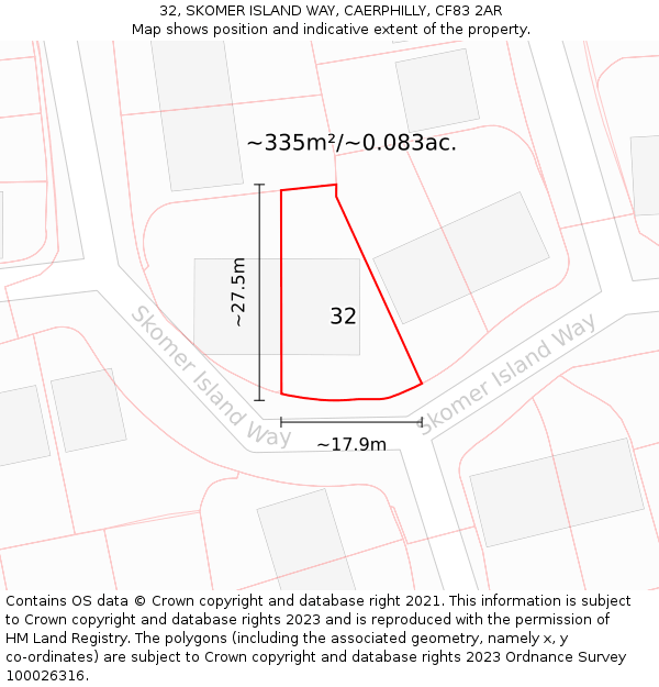 32, SKOMER ISLAND WAY, CAERPHILLY, CF83 2AR: Plot and title map